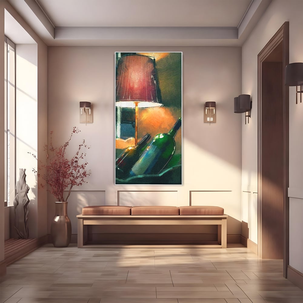 Tablou canvas cu tablou canvas cu lampa si sticle de vin, in rama de aluminiu argintiu